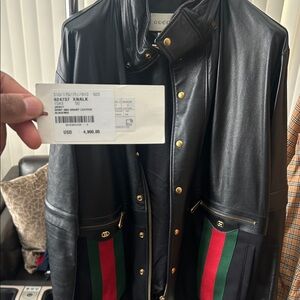 Gucci Leather Bomber Jacket with Red and Green Accents